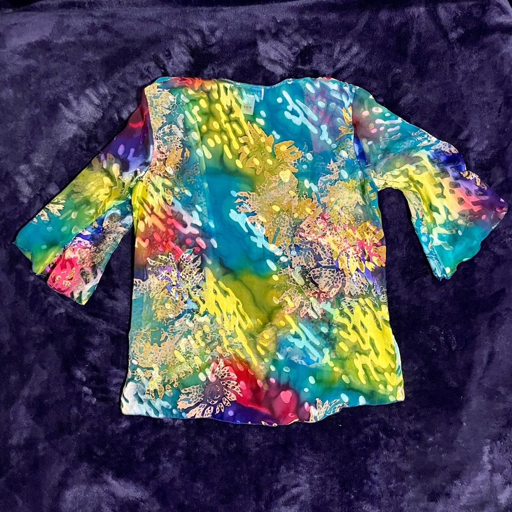 M Simply Silk Green Multicolored Open Front Shirt… - image 2